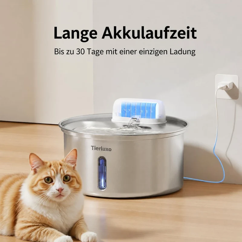 VitalFlow Pro Edelstahl Trinkbrunnen mit Akku für Katzen & Hunde