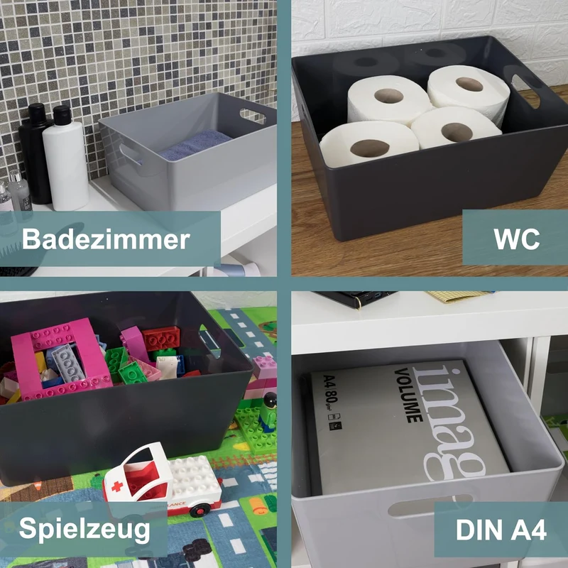6x Ordnungsboxen 15cm hoch WEIss 35x26x15cm 11,5L DINA4 Kunststoff Bad Korb Weiss 6 Stück - 15cm hoc