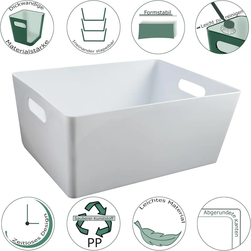 6x Ordnungsboxen 15cm hoch WEIss 35x26x15cm 11,5L DINA4 Kunststoff Bad Korb Weiss 6 Stück - 15cm hoc