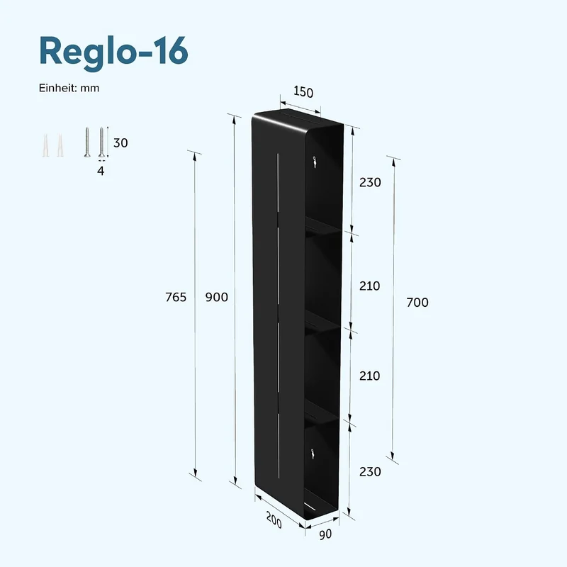 doporro Wandregal Bad schmal 4 Etagen Metall Schwarz, 90x20x9 cm, Schwarz