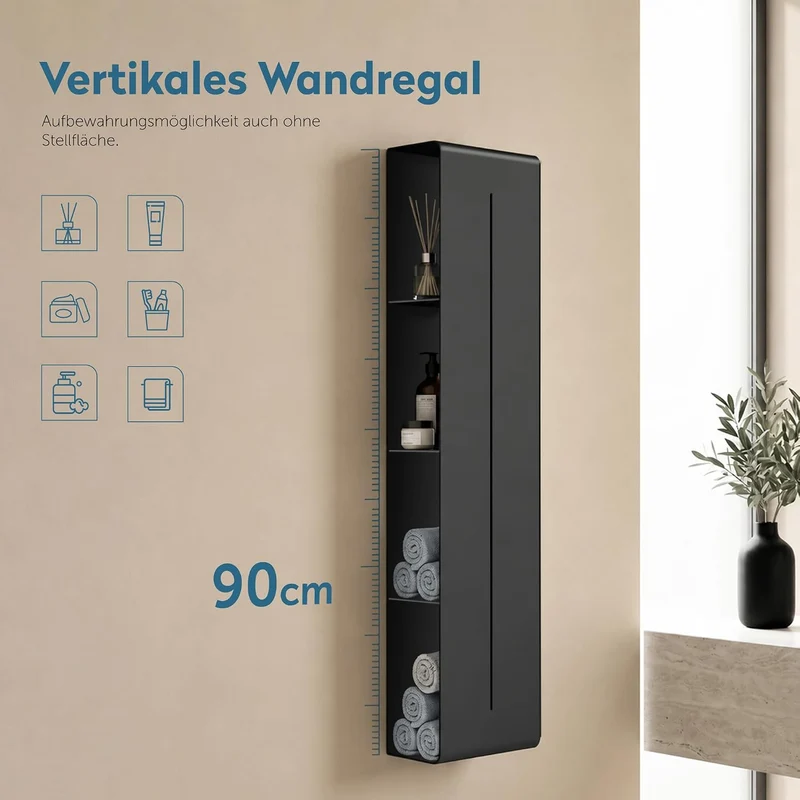 doporro Wandregal Bad schmal 4 Etagen Metall Schwarz, 90x20x9 cm, Schwarz