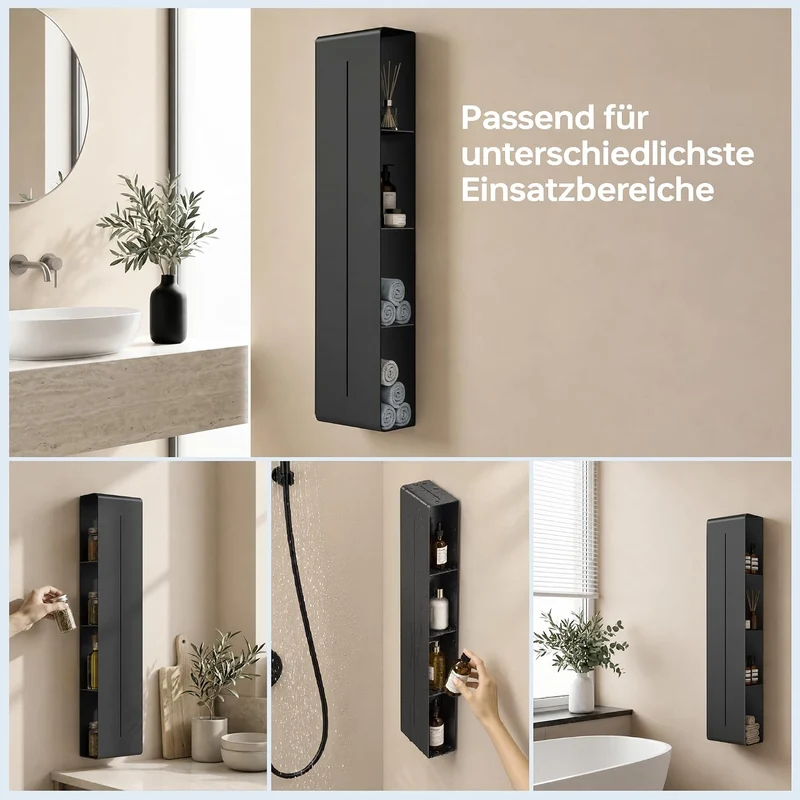 doporro Wandregal Bad schmal 4 Etagen Metall Schwarz, 90x20x9 cm, Schwarz
