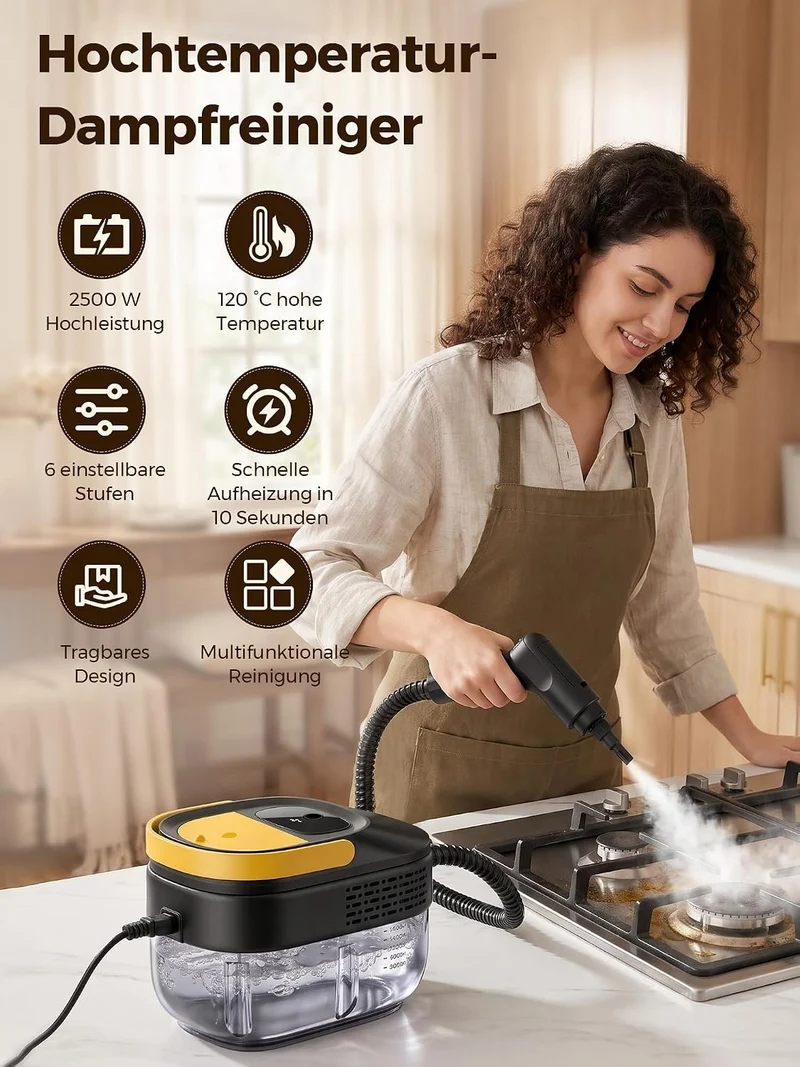 Hochtemperatur Dampfreiniger Handgerät 2500 Watt für Auto Haushalt: 120 °C Dampf, 15s Aufheizzeit,1.