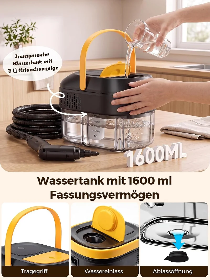 Hochtemperatur Dampfreiniger Handgerät 2500 Watt für Auto Haushalt: 120 °C Dampf, 15s Aufheizzeit,1.