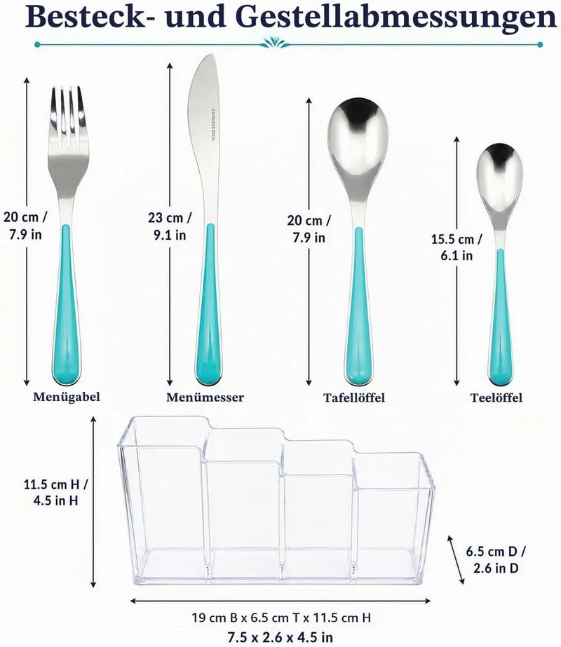 EXZACT 24 teilig Besteckset mit Halter Edelstahl Türkis Griffe | Transparenter Vier Fächer Ständer H