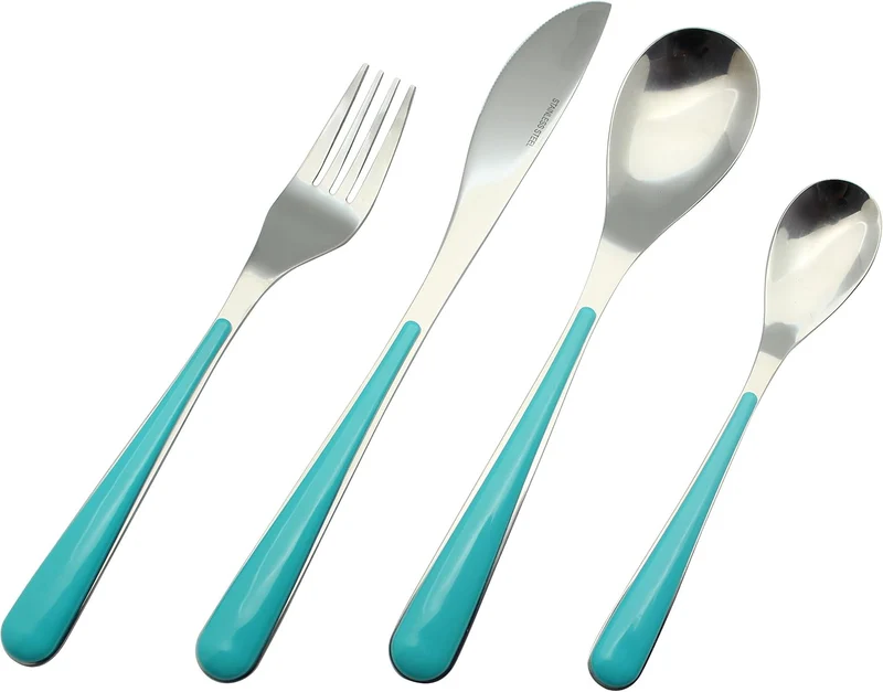EXZACT 24 teilig Besteckset mit Halter Edelstahl Türkis Griffe | Transparenter Vier Fächer Ständer H