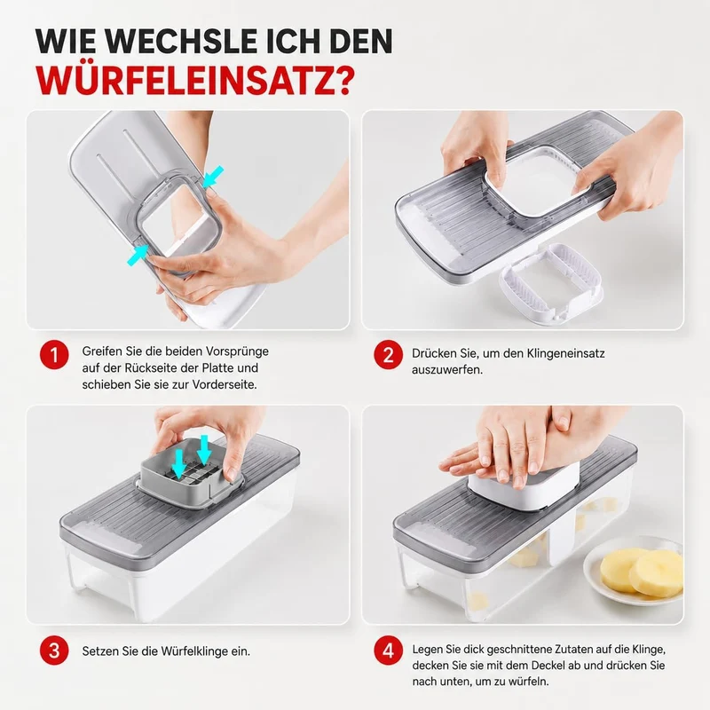 7-in-1 Gemüseschneider und Mandoline Gemüsehobel - Vertikaler Würfelschneider mit Behälter, Julienne