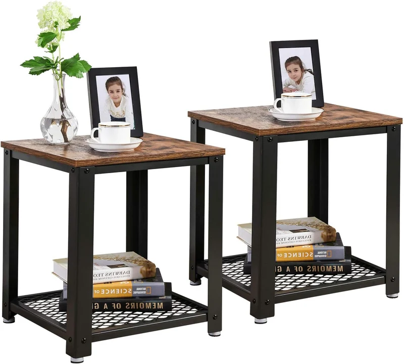 VASAGLE Beistelltisch im Industrie-Design, Nachttisch 2er Set, Sofatisch mit Gitterablage, Wohnzimme