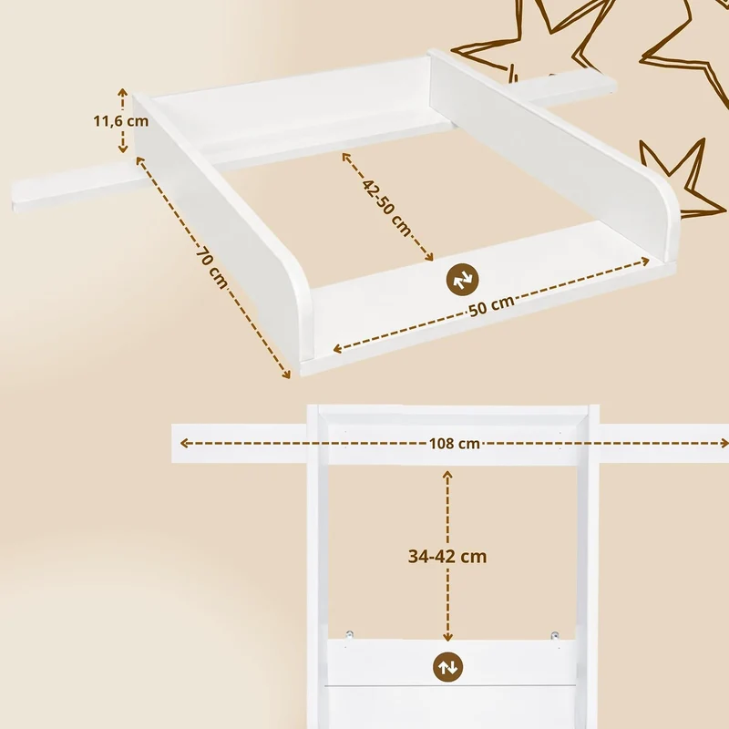 Wickelaufsatz mit 108 cm hinterer Leiste, 53,2 × 70 cm, Weiss Weiss 53cm mit Leiste 108cm, Weiss 53c