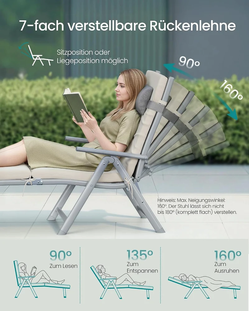 SONGMICS Sonnenliege, klappbar, Liegestuhl mit 6 cm dickem Polster Sandbeige, Sandbeige