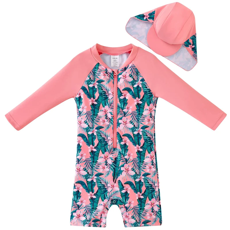 UMELOK Baby Badebekleidung Mädchen Badeanzug mit Sonnenhut UV Schutz 6-9 Monate Tropische Pflanze, R