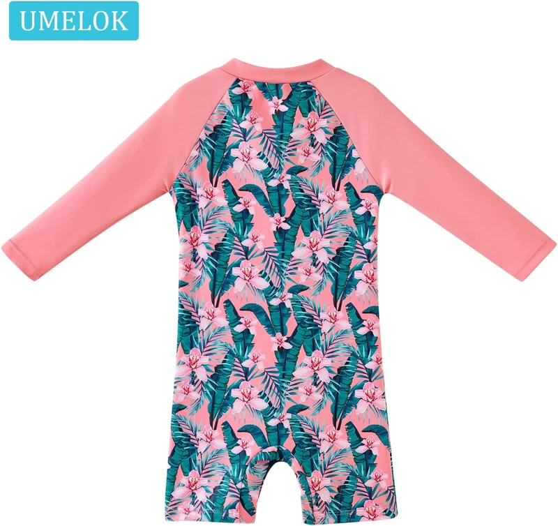 UMELOK Baby Badebekleidung Mädchen Badeanzug mit Sonnenhut UV Schutz 6-9 Monate Tropische Pflanze, R