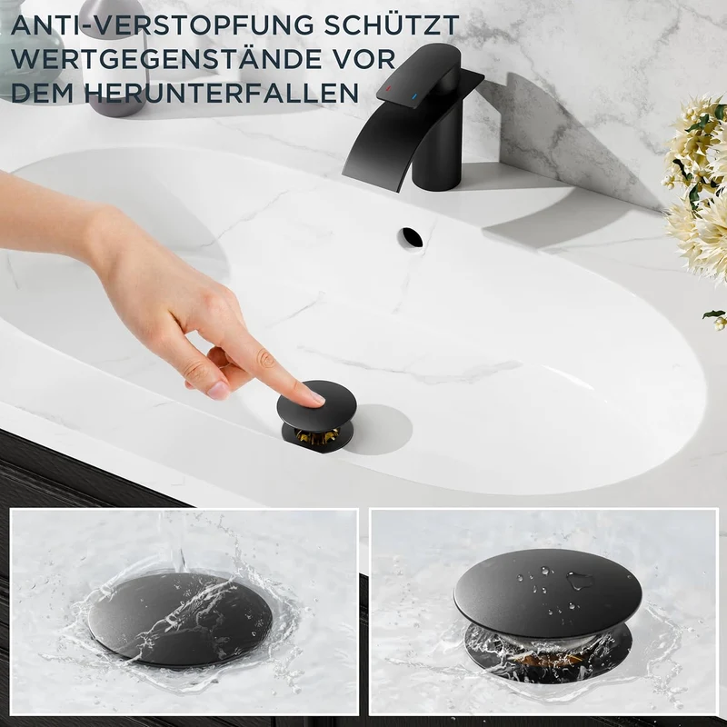 FORIOUS Wasserhahn Bad Schwarz mit Ablaufgarnitur, Edelstahl Wasserfall Waschbeckenarmatur mit Ausla