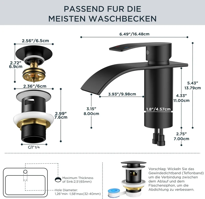 FORIOUS Wasserhahn Bad Schwarz mit Ablaufgarnitur, Edelstahl Wasserfall Waschbeckenarmatur mit Ausla