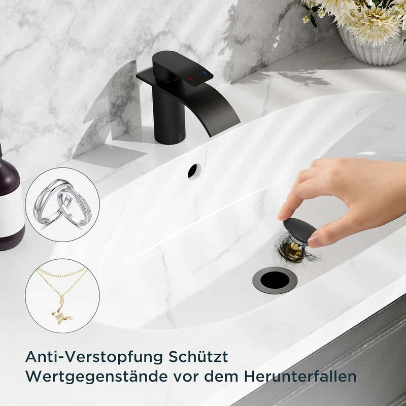 FORIOUS Wasserhahn Bad Schwarz mit Ablaufgarnitur, Edelstahl Wasserfall Waschbeckenarmatur mit Ausla