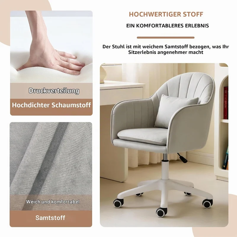 Ergonomischer Bürostuhl, 360° drehbar Höhenverstellbar, SamtStuhl mit Kopfkissen, Homeoffice Stuhl b