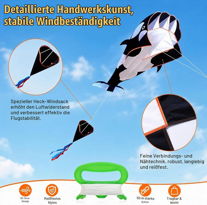 Yuragim 3D Drachen Gross XXL, 3D Riesiger Rahmenloser Weicher Parafoil-Riesenwal-Drachen, 120x215 cm