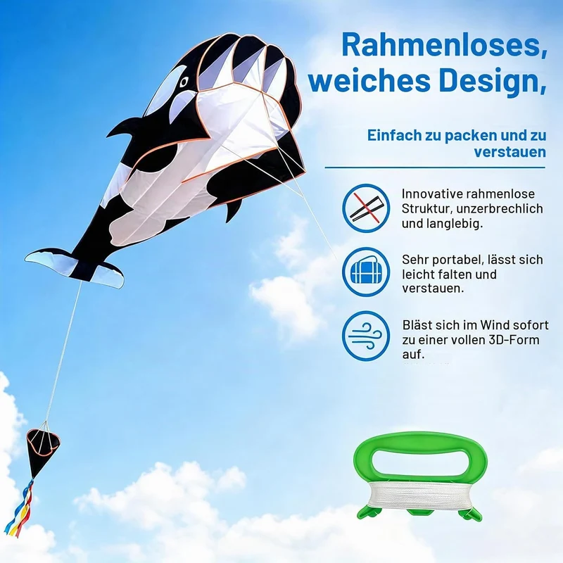 Yuragim 3D Drachen Gross XXL, 3D Riesiger Rahmenloser Weicher Parafoil-Riesenwal-Drachen, 120x215 cm