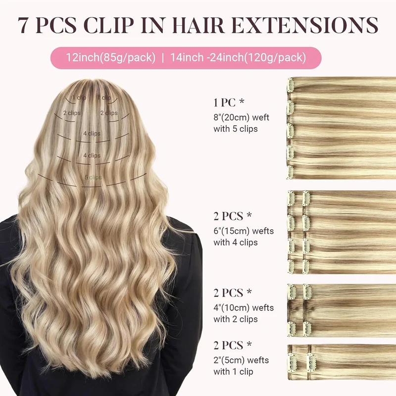 MAXITA Clip in Haarverlängerungen aus echtem Menschenhaar, Remy Haar Clip in Extensions für Damen, n