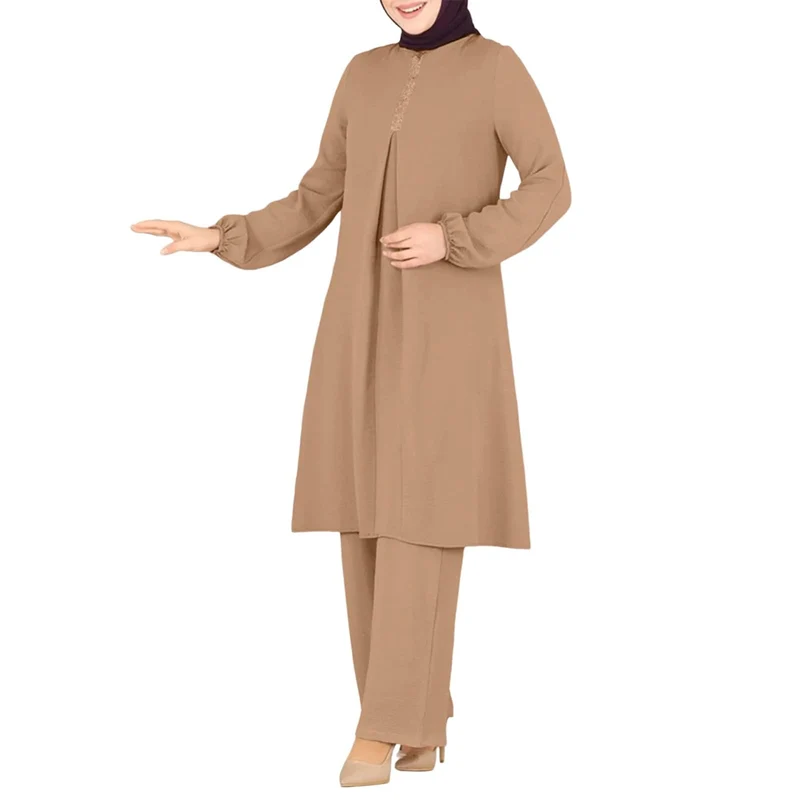 Generisch Damen Kleider Freizeit Sets für Damen, Langarm-Button-Down-Hemd Hose, Abaya, Freizeitkleid
