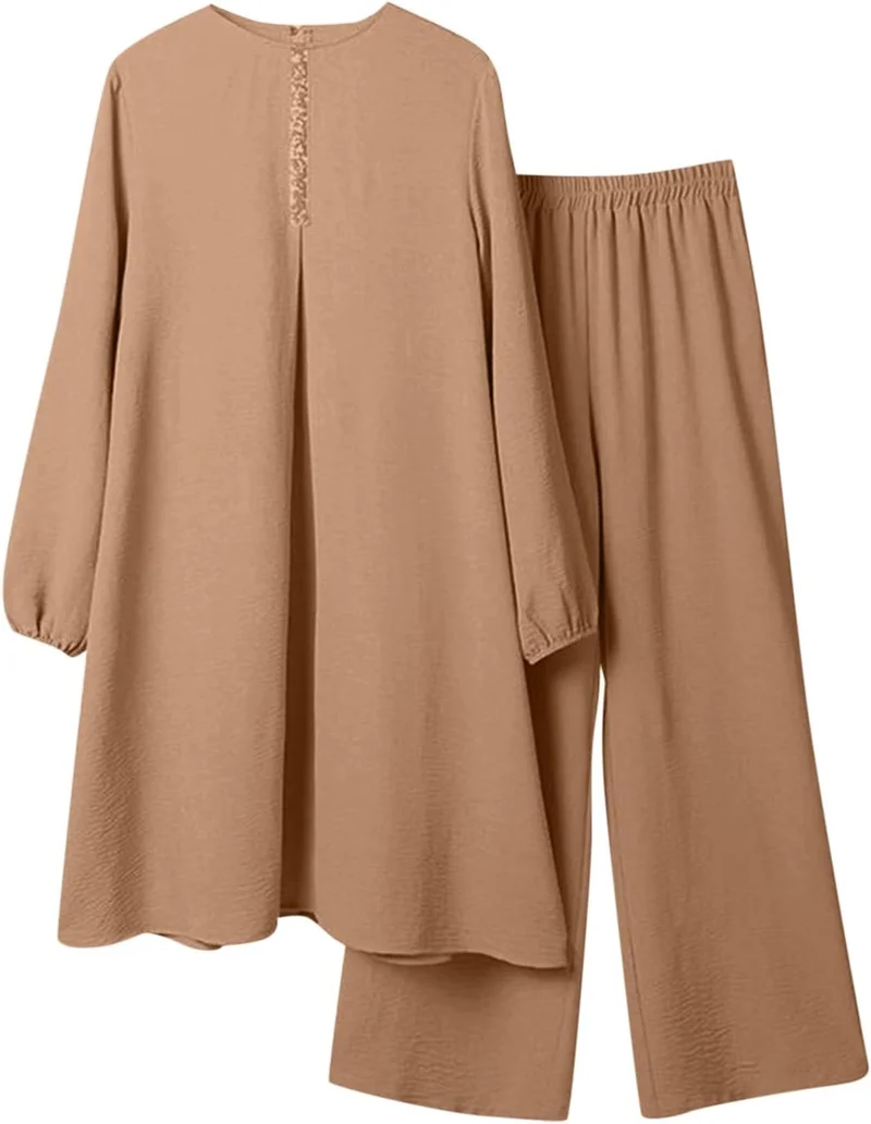 Generisch Damen Kleider Freizeit Sets für Damen, Langarm-Button-Down-Hemd Hose, Abaya, Freizeitkleid