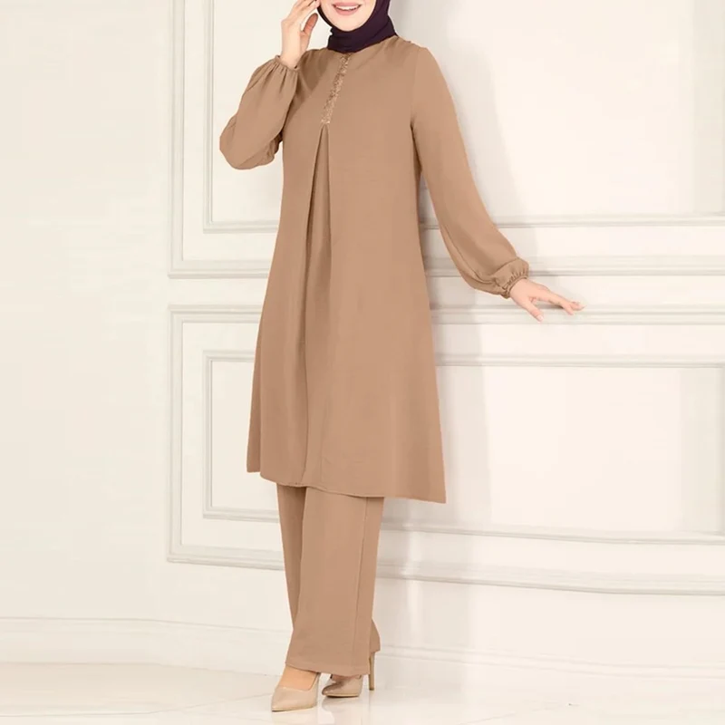 Generisch Damen Kleider Freizeit Sets für Damen, Langarm-Button-Down-Hemd Hose, Abaya, Freizeitkleid