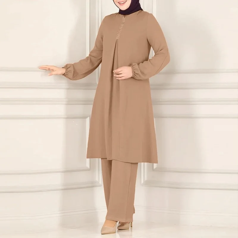 Generisch Damen Kleider Freizeit Sets für Damen, Langarm-Button-Down-Hemd Hose, Abaya, Freizeitkleid