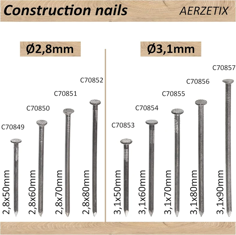 AERZETIX - C70866 - Set mit 50 Flachkopfnägeln Ø6x180 mm - Kopfdurchmesser Ø12 mm - aus stahl - silb