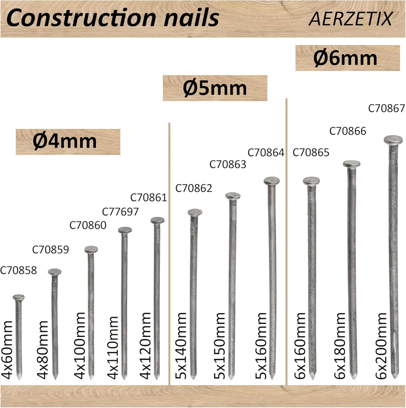 AERZETIX - C70866 - Set mit 50 Flachkopfnägeln Ø6x180 mm - Kopfdurchmesser Ø12 mm - aus stahl - silb