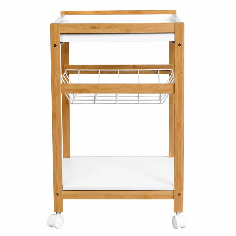 XZ-24766 Küchenwagen aus Holz und Bambus, 24,5 x 35 x 55 cm, mit Rädern, 2 Einlegeböden aus Holz + 1