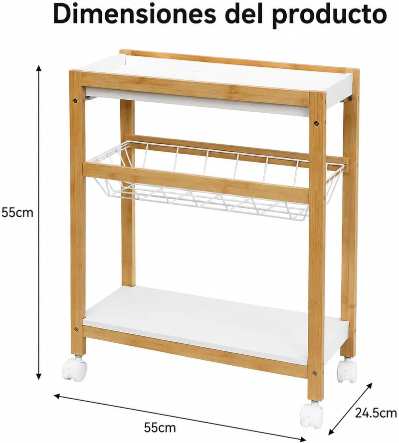XZ-24766 Küchenwagen aus Holz und Bambus, 24,5 x 35 x 55 cm, mit Rädern, 2 Einlegeböden aus Holz + 1