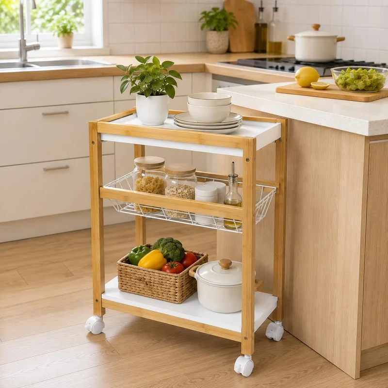 XZ-24766 Küchenwagen aus Holz und Bambus, 24,5 x 35 x 55 cm, mit Rädern, 2 Einlegeböden aus Holz + 1