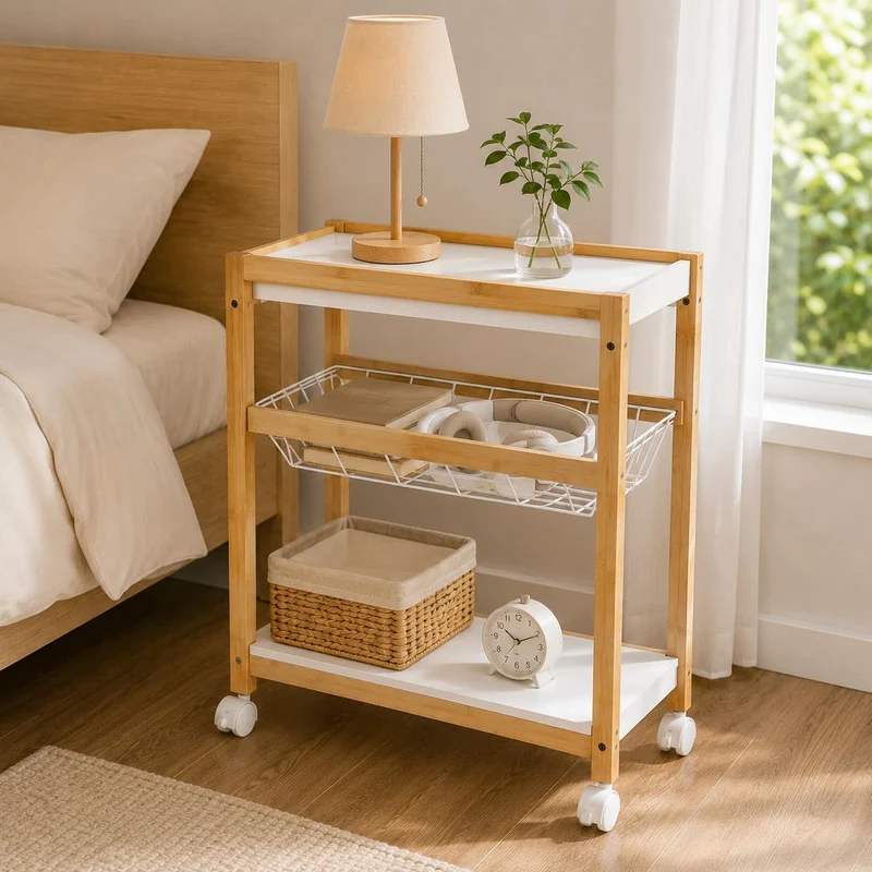 XZ-24766 Küchenwagen aus Holz und Bambus, 24,5 x 35 x 55 cm, mit Rädern, 2 Einlegeböden aus Holz + 1