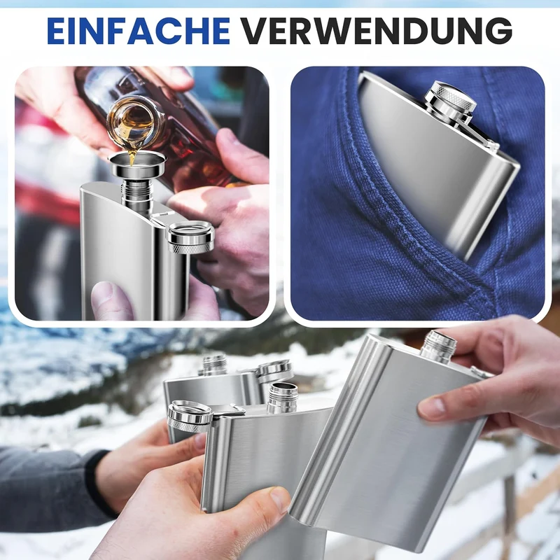 0,5 L Flachmann Trinkflasche aus Edelstahl Silber mit Schraubverschluss - Auslaufsicher mit 500 ml F