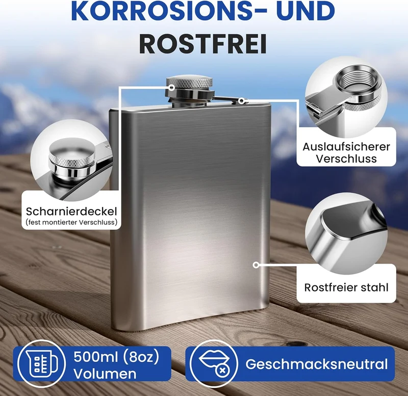 0,5 L Flachmann Trinkflasche aus Edelstahl Silber mit Schraubverschluss - Auslaufsicher mit 500 ml F