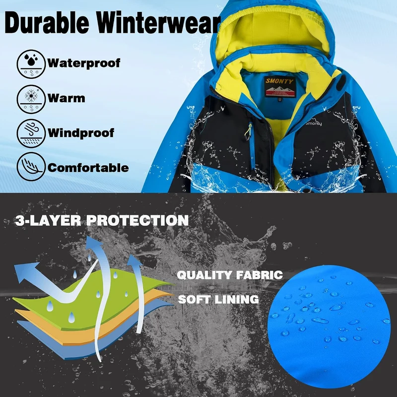 Kinder Schneeanzug für Jungen, Winter-Skijacke & Hose, Set Kapuzenriemen, Winddicht, Wasserdicht, Wa