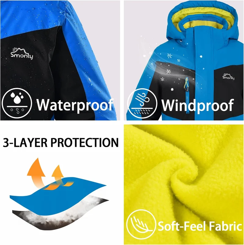 SMONTY Kinder Schneeanzug für Jungen, Winter-Skijacke & Hose, Set Kapuzenriemen, Winddicht, Wasserdi