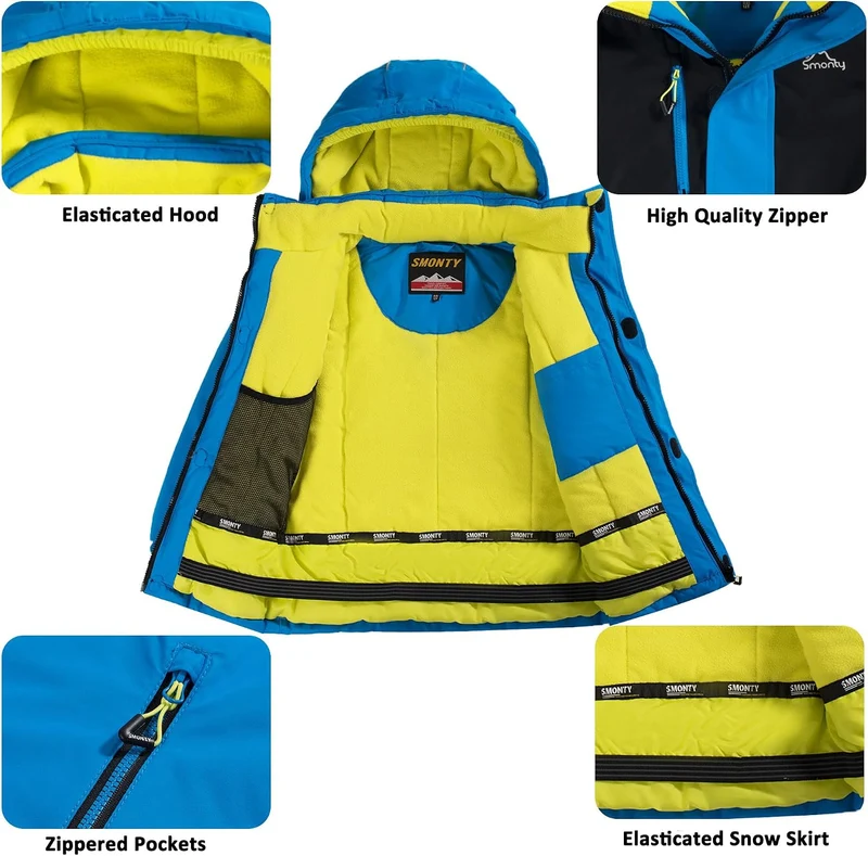SMONTY Kinder Schneeanzug für Jungen, Winter-Skijacke & Hose, Set Kapuzenriemen, Winddicht, Wasserdi