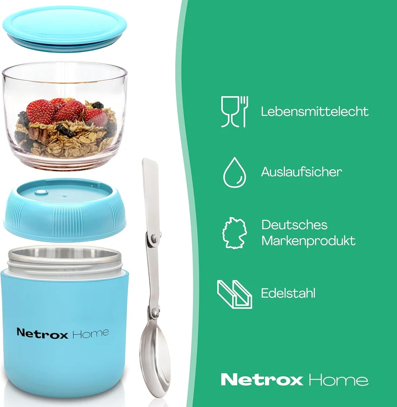NetroxHome - Müslibecher To Go mit Löffel, Auslaufsicherer Joghurtbecher To Go aus Edelstahl, Lunchb
