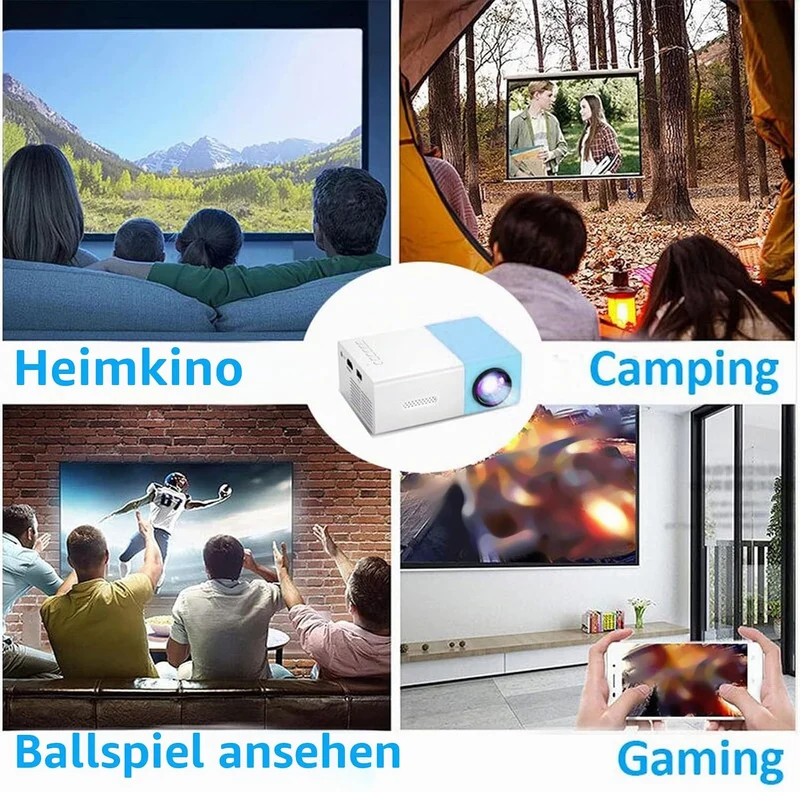 Small Projektor, 1080P FHD USB Tragbarer Projektor mit eingebautem Lautsprecher, Fernbedienung, Film