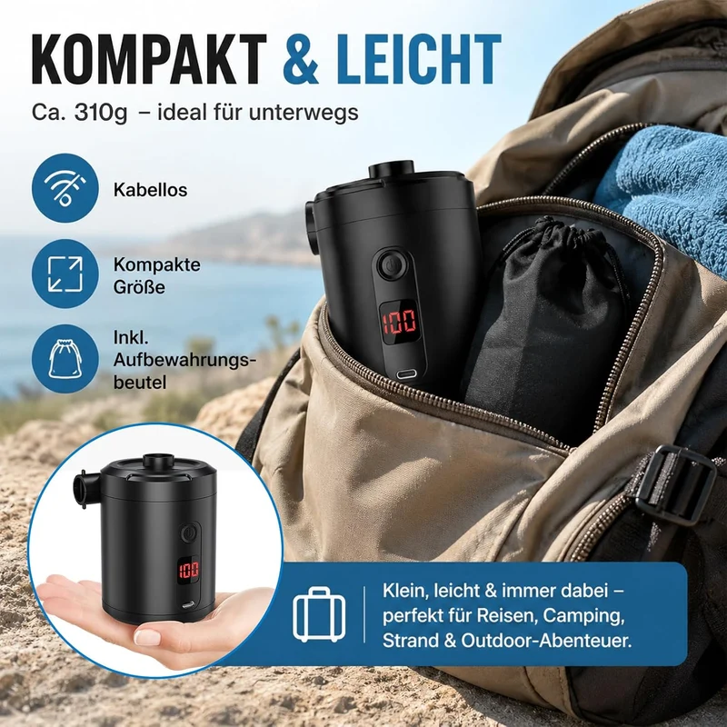 Akku Luftpumpe für Luftmatratze, Lytool 5200mAh Elektrische Mini Luftpumpe Akku mit digitaler Anzeig