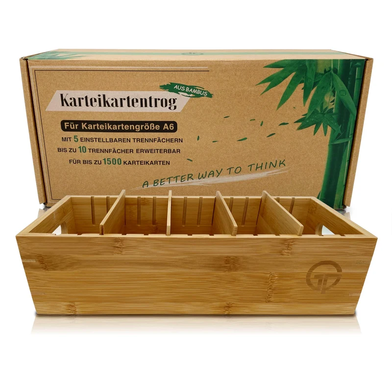 Karteitrog für 1500 DIN A6 Karteikarten, inkl. 4 einstellbaren Trennbrettern der Holz-Karteitrog que
