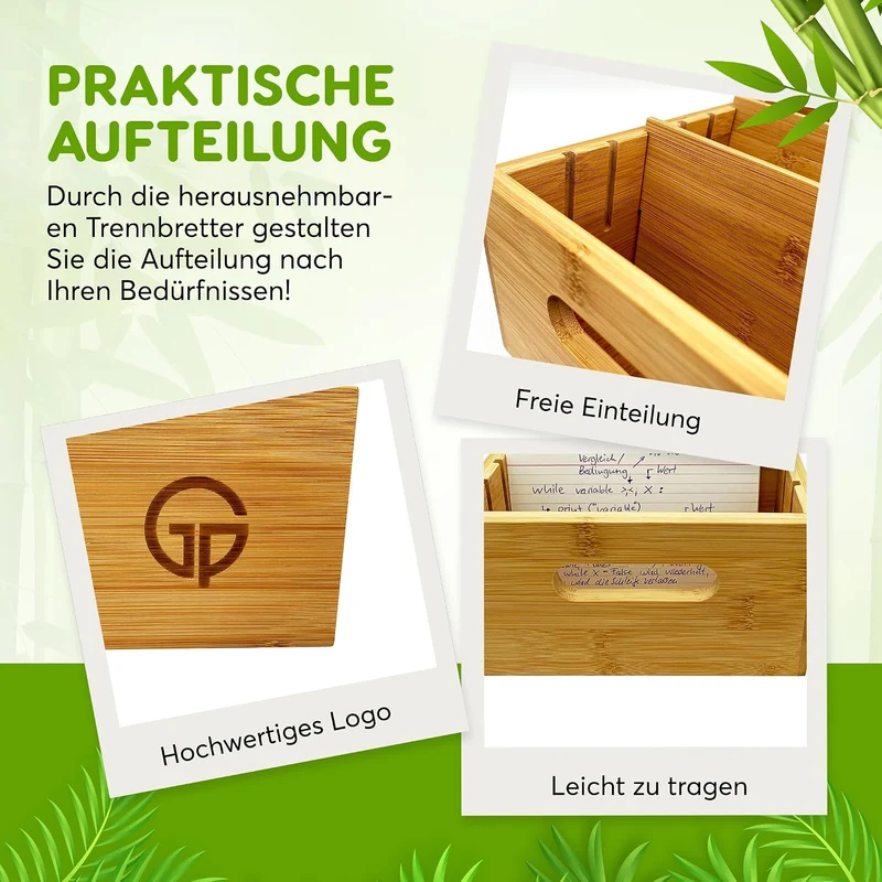 Karteitrog für 1500 DIN A6 Karteikarten, inkl. 4 einstellbaren Trennbrettern der Holz-Karteitrog que