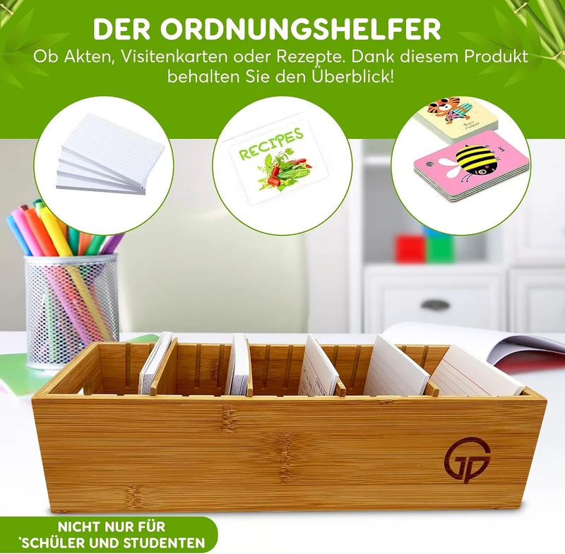 Karteitrog für 1500 DIN A6 Karteikarten, inkl. 4 einstellbaren Trennbrettern der Holz-Karteitrog que