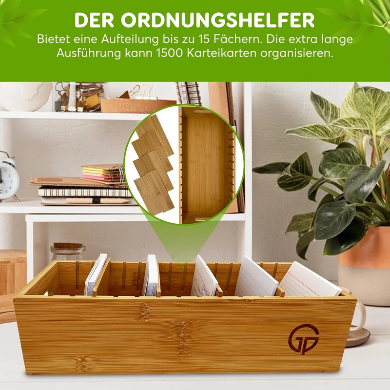 Karteitrog für 1500 DIN A6 Karteikarten, inkl. 4 einstellbaren Trennbrettern der Holz-Karteitrog que