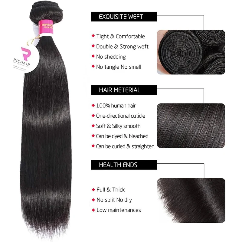 RICHAIR Straight Human Hair Bundles, 2 Bundles, 12 Inches (30.48 cm), 50g/Bundle(100g Total), Brazil
