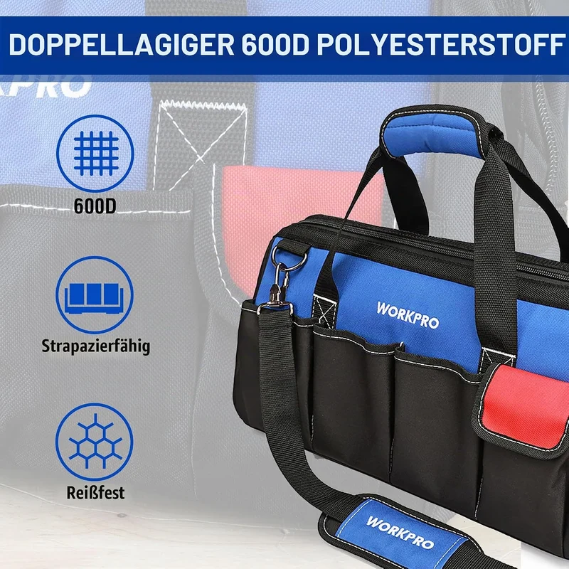 WORKPRO Werkzeugtasche Elektriker Wasserdichte Werkzeugtasche Profi, weite Öffnung & grosse Kapazitä