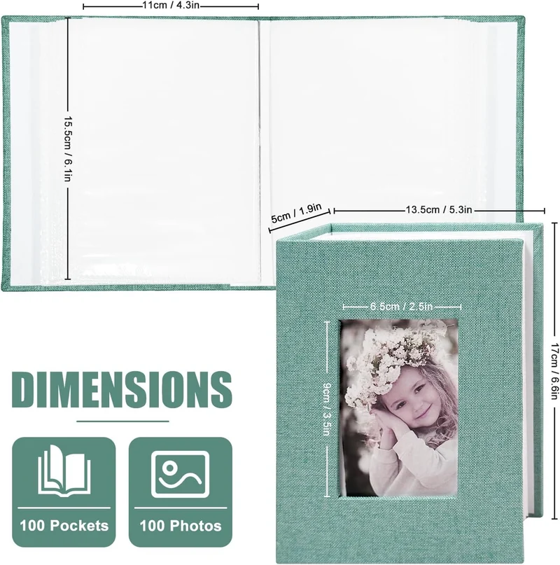 Fotoalbum, 10 x 15 cm, 100 Taschen, Leineneinband, vertikal, Einsteckbild, grüne Taschen, Alben für