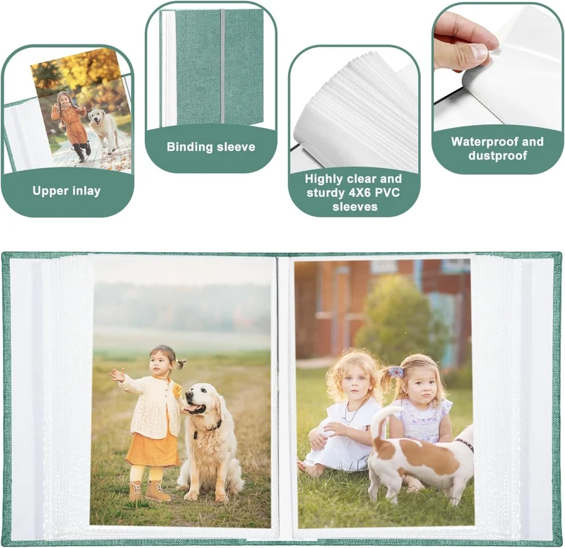 Fotoalbum, 10 x 15 cm, 100 Taschen, Leineneinband, vertikal, Einsteckbild, grüne Taschen, Alben für