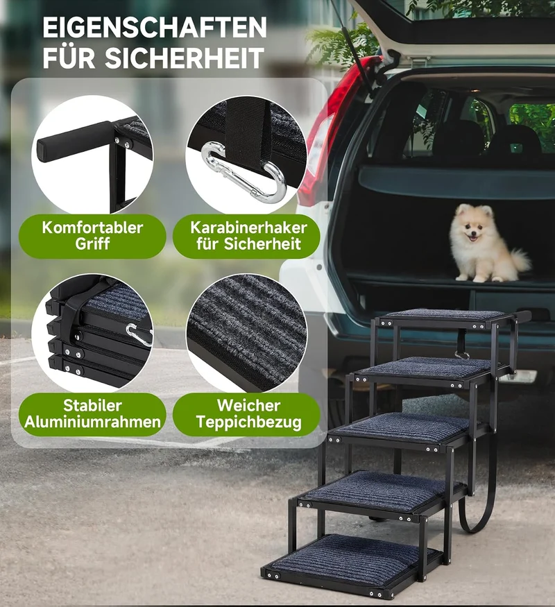Hunderampe, 5-stufige Hunderampe Auto Klappbar, Extra Stabile Hundetreppe mit Anti-Rutsch-Treppe, Li